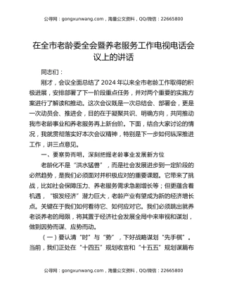 在全市老龄委全会暨养老服务工作电视电话会议上的讲话