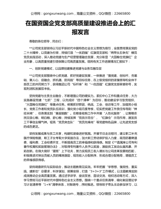 在国资国企党支部高质量建设推进会上的汇报发言