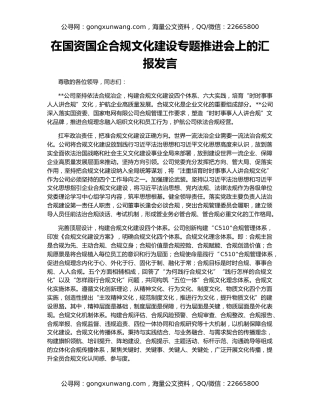 在国资国企合规文化建设专题推进会上的汇报发言