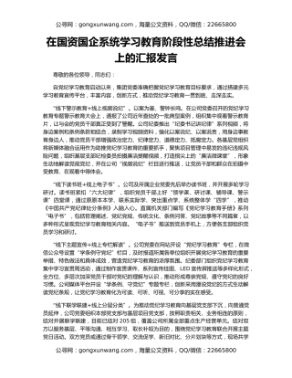 在国资国企系统学习教育阶段性总结推进会上的汇报发言