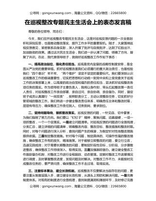 在巡视整改专题民主生活会上的表态发言稿