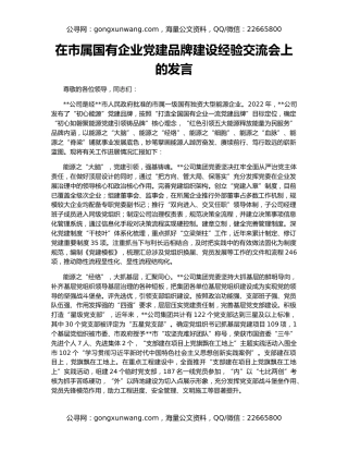 在市属国有企业党建品牌建设经验交流会上的发言