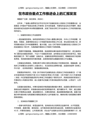 在市政协重点工作推进会上的汇报发言
