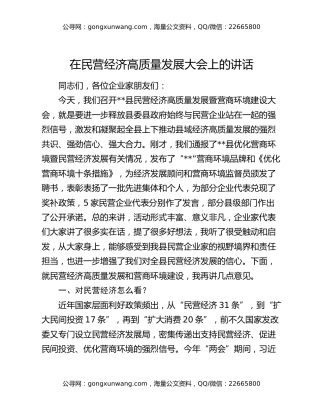 在民营经济高质量发展大会上的讲话