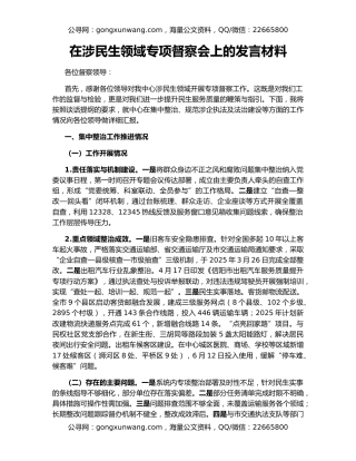 在涉民生领域专项督察会上的发言材料