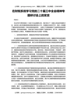 在财税系统学习党的二十届三中全会精神专题研讨会上的发言