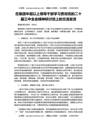 在集团中层以上领导干部学习贯彻党的二十届三中全会精神研讨班上的交流发言