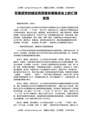 在集团党的建设高质量发展推进会上的汇报发言