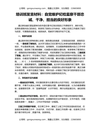 培训班发言材料：自觉维护纪检监察干部忠诚、干净、担当的良好形象