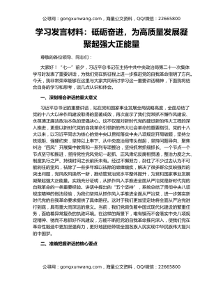 学习发言材料：砥砺奋进，为高质量发展凝聚起强大正能量
