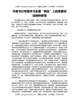 市委书记专题学习全国“两会”上的重要讲话精神感悟