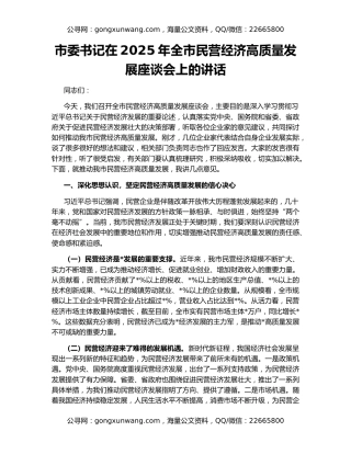 市委书记在2025年全市民营经济高质量发展座谈会上的讲话