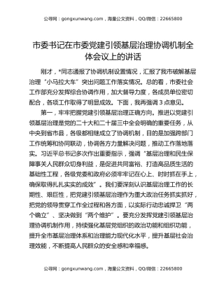 市委书记在市委党建引领基层治理协调机制全体会议上的讲话