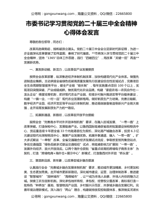 市委书记学习贯彻党的二十届三中全会精神心得体会发言