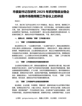 市委副书记在研究2025年抓好稳就业稳企业稳市场稳预期工作会议上的讲话