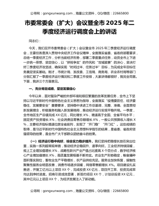 市委常委会（扩大）会议暨全市2025年二季度经济运行调度会上的讲话