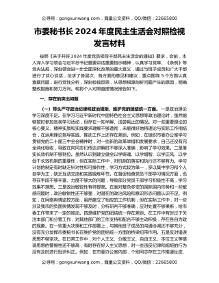 市委秘书长2024年度民主生活会对照检视发言材料