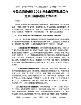 市委组织部长在2025年全市基层党建工作重点任务推进会上的讲话