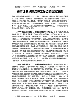 市审计局党建品牌工作经验交流发言