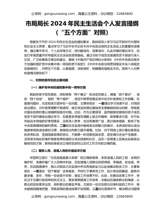 市局局长2024年民主生活会个人发言提纲（“五个方面”对照）