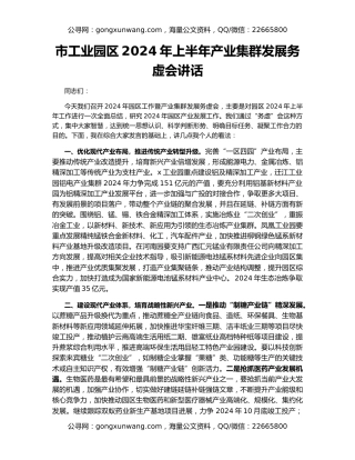 市工业园区2024年上半年产业集群发展务虚会讲话