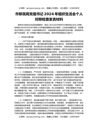市移民局党组书记2024年组织生活会个人对照检查发言材料