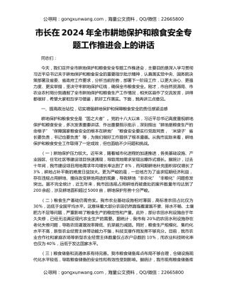 市长在2024年全市耕地保护和粮食安全专题工作推进会上的讲话