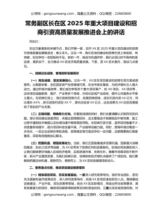 常务副区长在区2025年重大项目建设和招商引资高质量发展推进会上的讲话