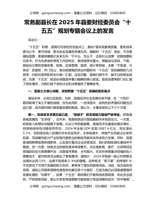 常务副县长在2025年县委财经委员会“十五五”规划专题会议上的发言