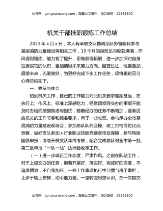 机关干部挂职锻炼工作总结