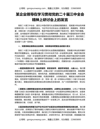 某企业领导在学习贯彻党的二十届三中全会精神上研讨会上的发言