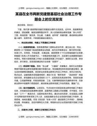 某县在全市两新党建暨基层社会治理工作专题会上的交流发言