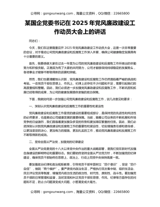 某国企党委书记在2025年党风廉政建设工作动员大会上的讲话