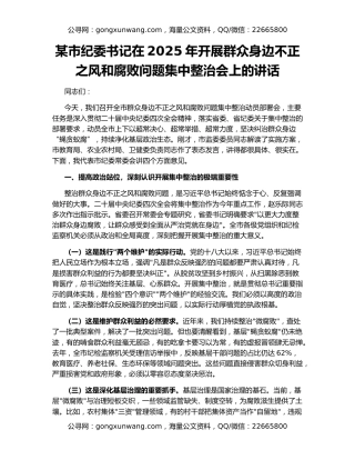 某市纪委书记在2025年开展群众身边不正之风和腐败问题集中整治会上的讲话