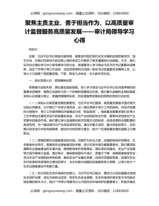 聚焦主责主业，勇于担当作为，以高质量审计监督服务高质量发展——审计局领导学习心得