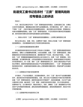 街道党工委书记在农村“三资”管理风险防控专题会上的讲话