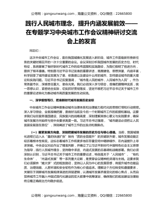 践行人民城市理念，提升内涵发展能效——在专题学习中央城市工作会议精神研讨交流会上的发言