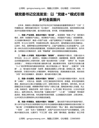 镇党委书记交流发言：以“党建+”模式引领乡村全面振兴