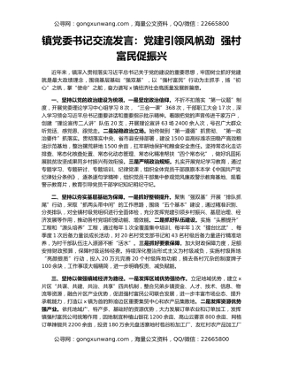 镇党委书记交流发言：党建引领风帆劲  强村富民促振兴