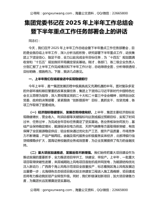 集团党委书记在2025年上半年工作总结会暨下半年重点工作任务部署会上的讲话