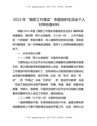 2022年“狠抓工作落实”专题组织生活会个人对照检查材料