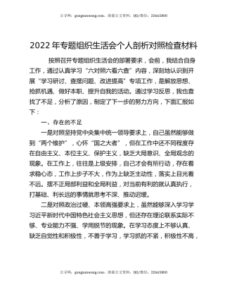 2022年专题组织生活会个人剖析对照检查材料