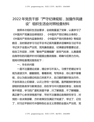 2022年党员干部“严守纪律规矩，加强作风建设”组织生活会对照检查材料