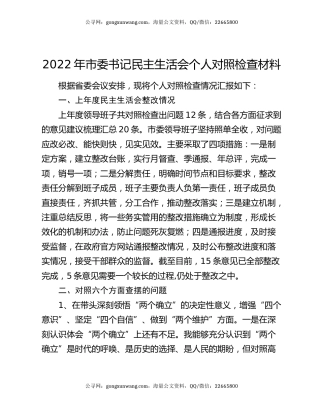 2022年市委书记民主生活会个人对照检查材料