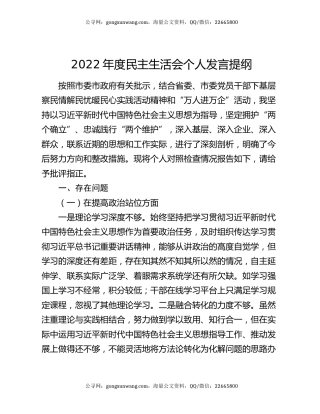 2022年度民主生活会个人发言提纲