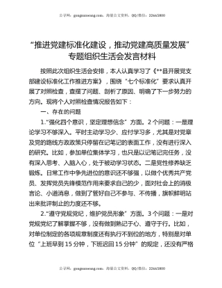 “推进党建标准化建设，推动党建高质量发展”专题组织生活会发言材料