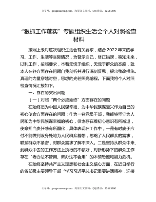 “狠抓工作落实”专题组织生活会个人对照检查材料