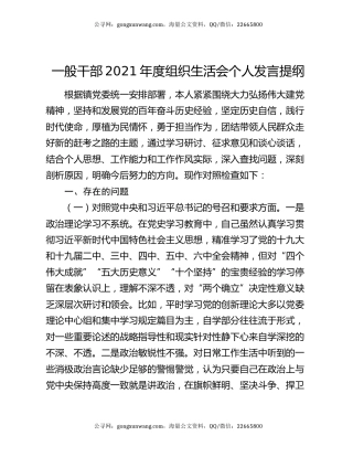 一般干部2021年度组织生活会个人发言提纲