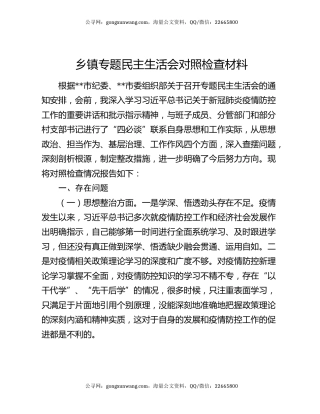 乡镇专题民主生活会对照检查材料