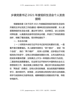 乡镇党委书记2021年度组织生活会个人发言提纲